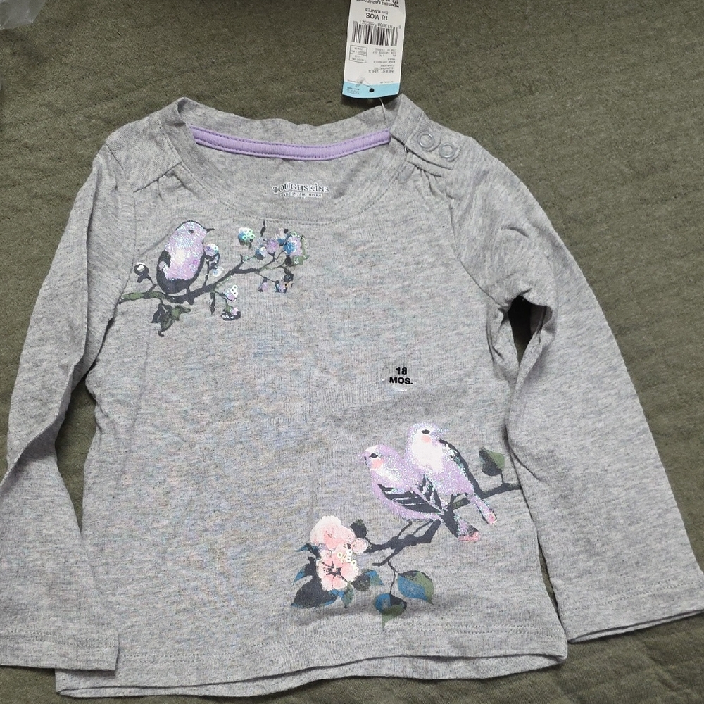 Toughskins Heather Gray Long Sleeve Tee with Bird and Floral Print